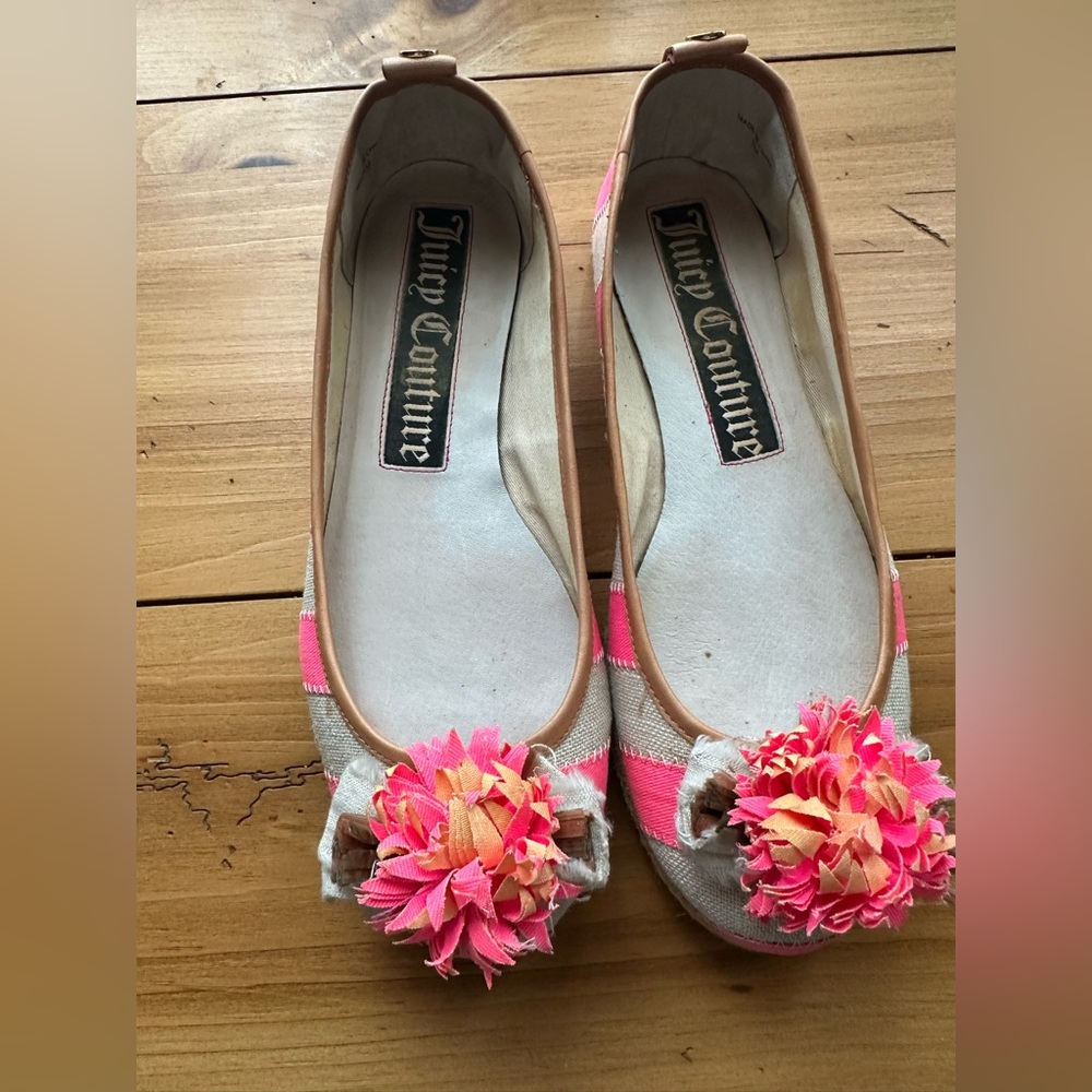 JUICY COUTURE GIANNA Neon Pink Natural Canvas Ballet Flats Shoes 7